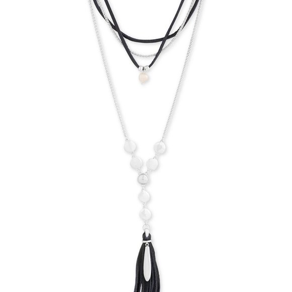 Lucky Brand Silver-Tone Imitation Pearl & Navy Leather Layered Lariat Necklace - Picture 2 of 2